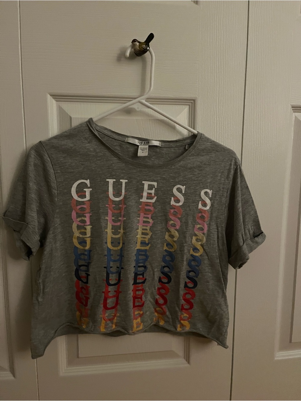 GUESS Gray Logo Crop Tee with Subtle Multicolor Accents